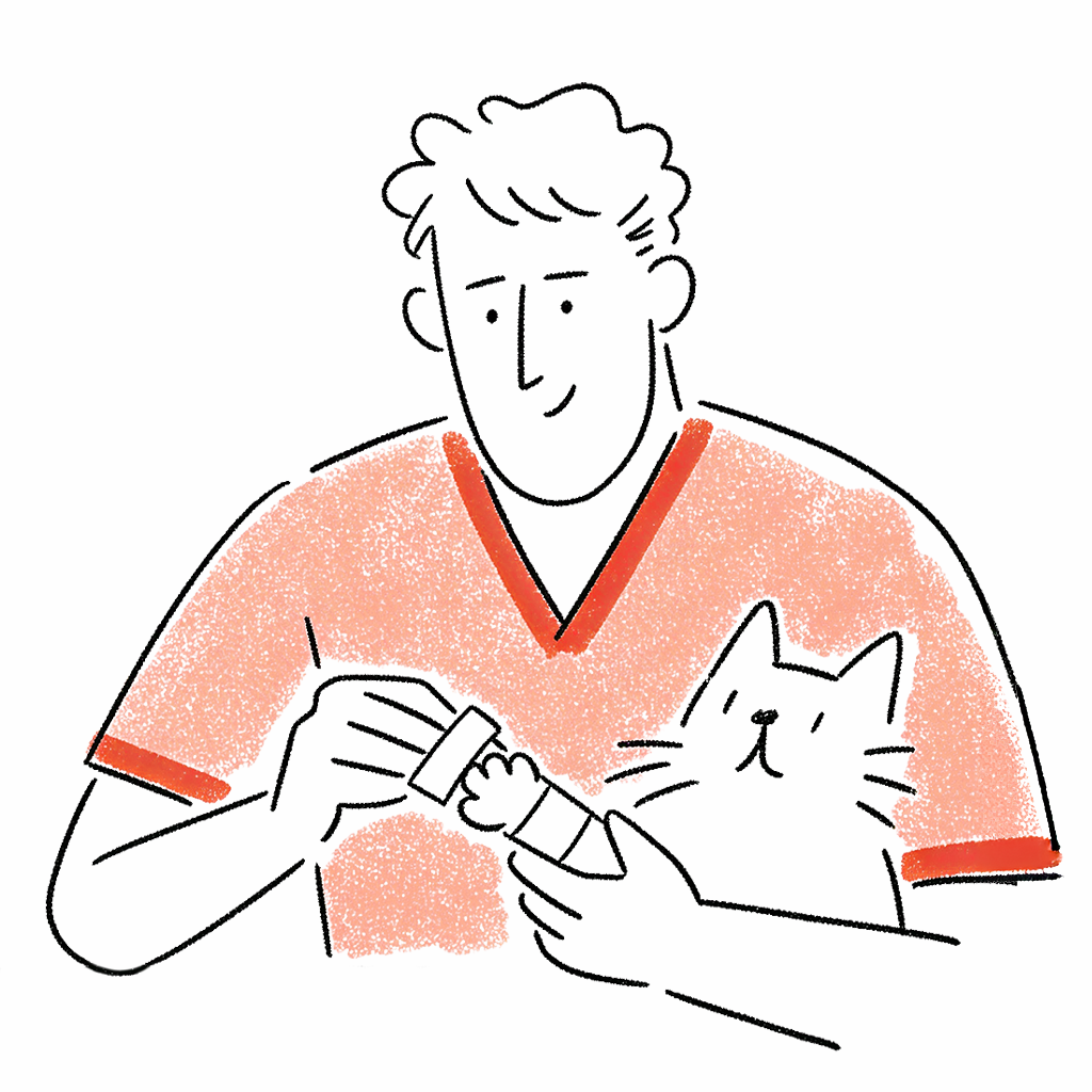 Illustration : un·e assistant·e vétérinaire passant un lecteur de puce sur un chat