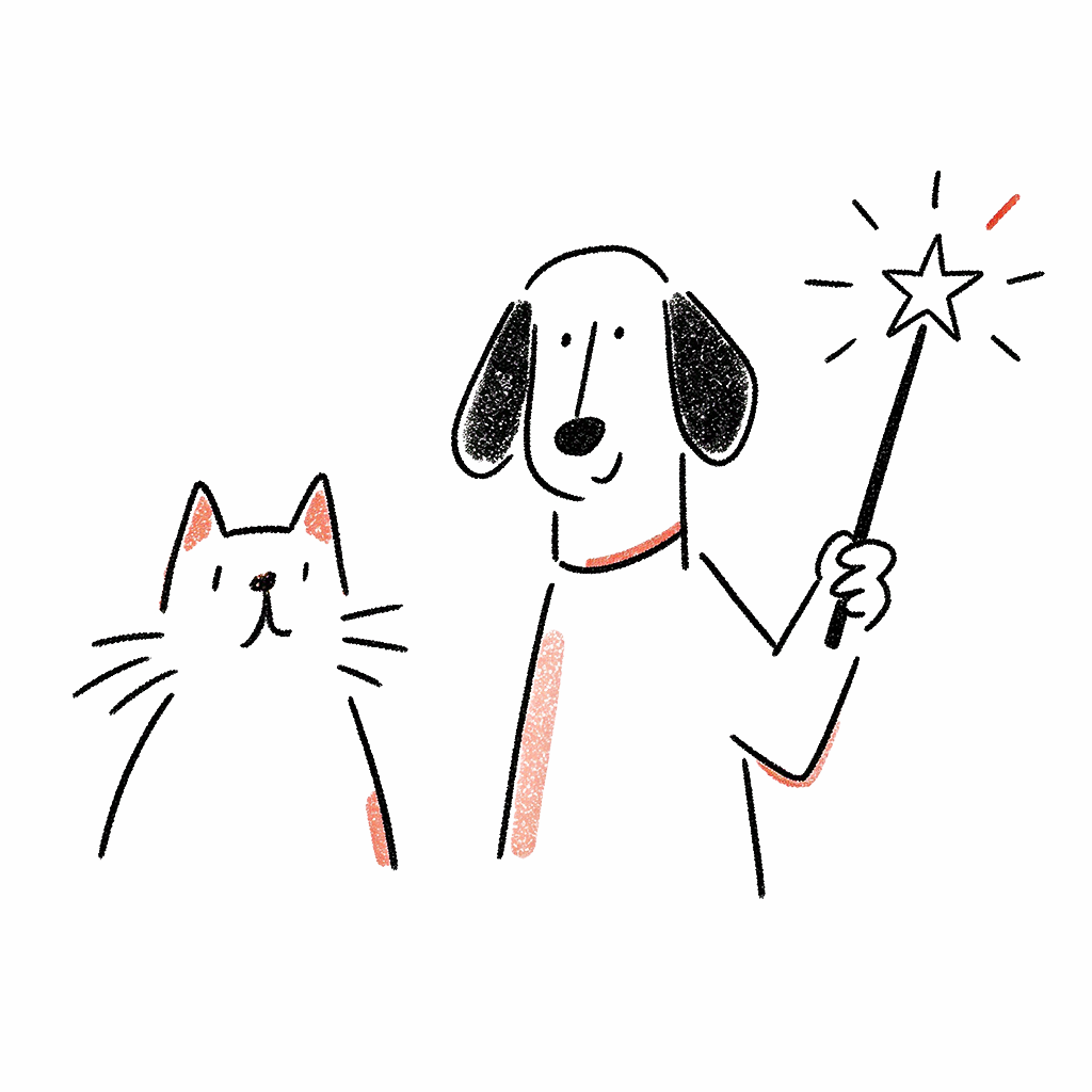 Mascottes Treats : un chien et un chat tenant une baguette magique