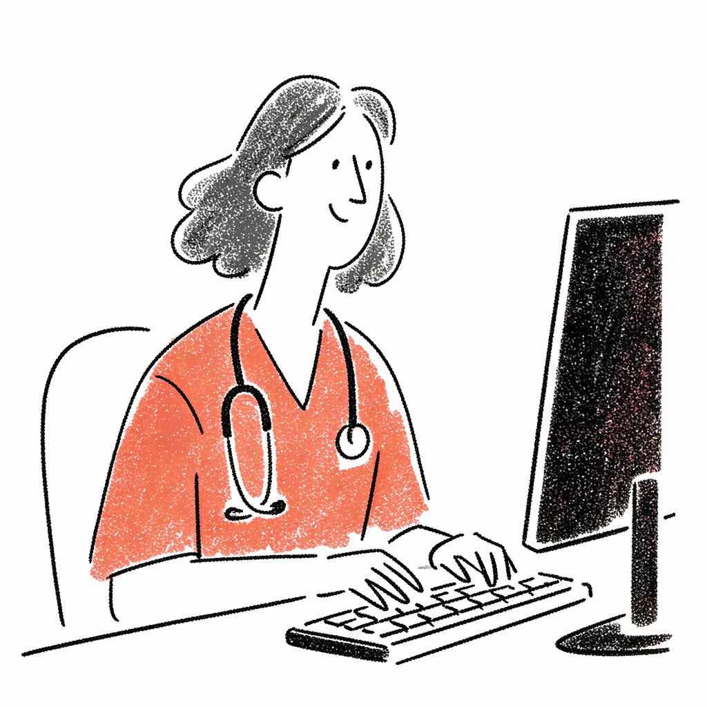 Illustration : une vétérinaire en blouse, stéthoscope au cou, devant son clavier