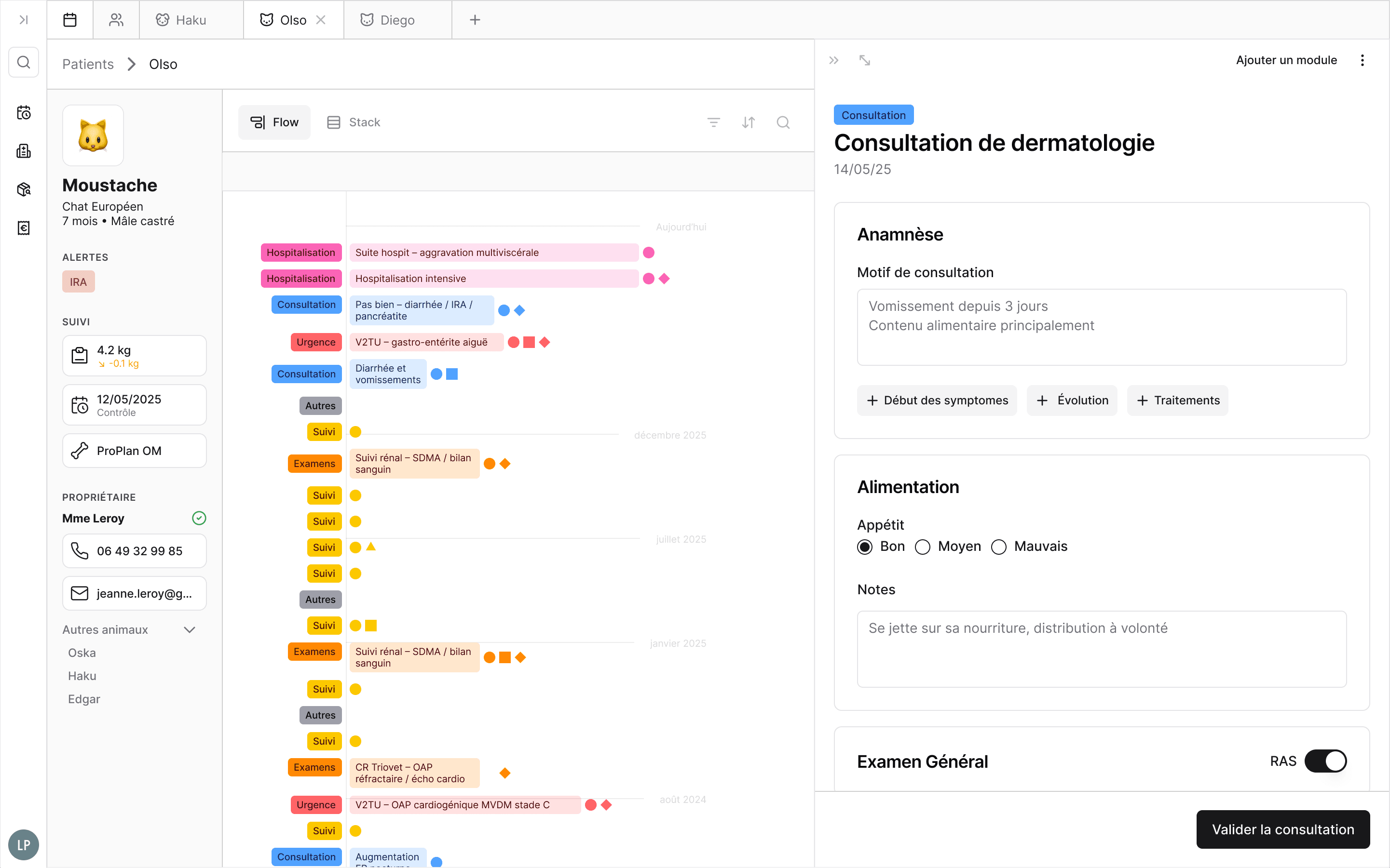 Aperçu de l'application Treats : fiche patient, chronologie médicale et écran de consultation de dermatologie